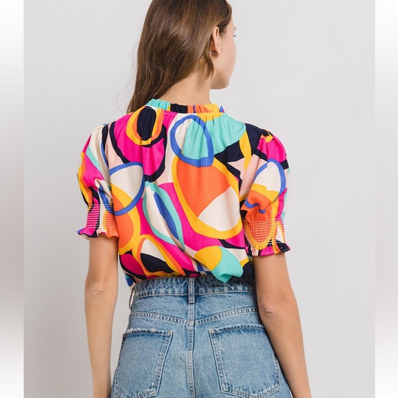 28 Boho Multi Color Print Puffed Sleeve Blouse Top - Picture 5 of 6